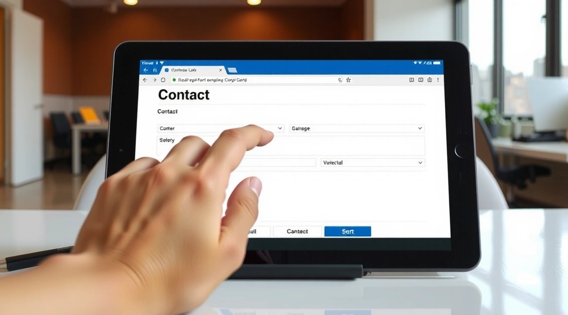 Kontaktformular auf einem Tablet mit einer Hand, die darauf tippt