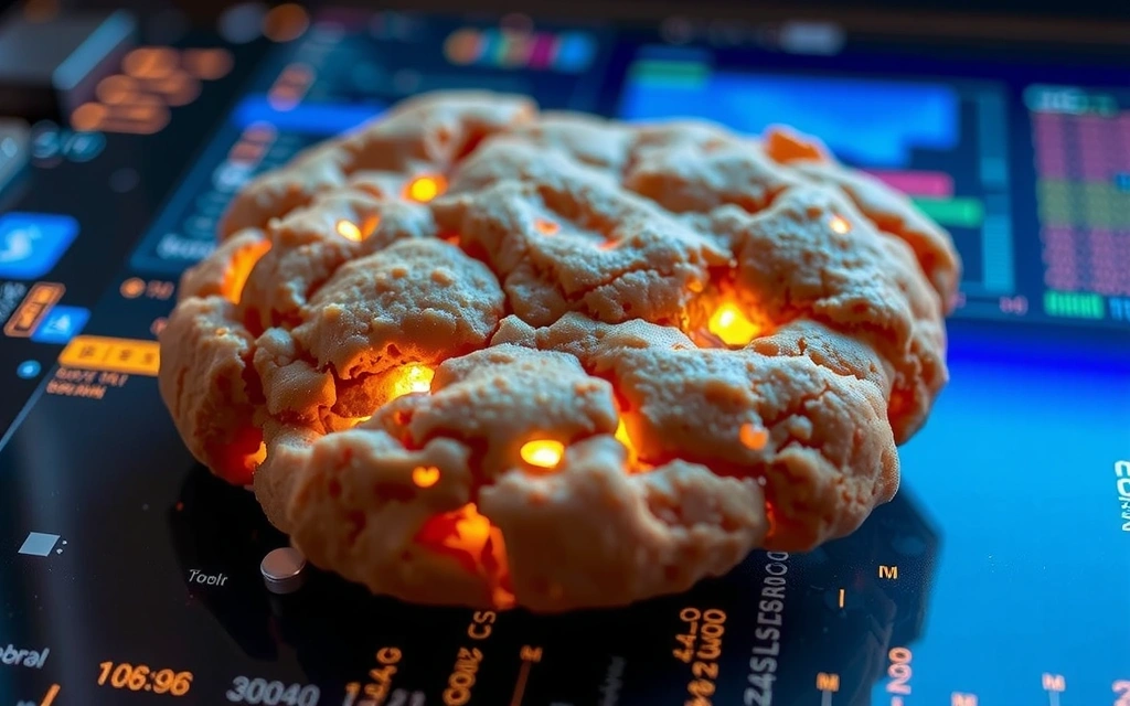 Nahaufnahme eines Cookies mit binärem Code und elektronischen Symbolen