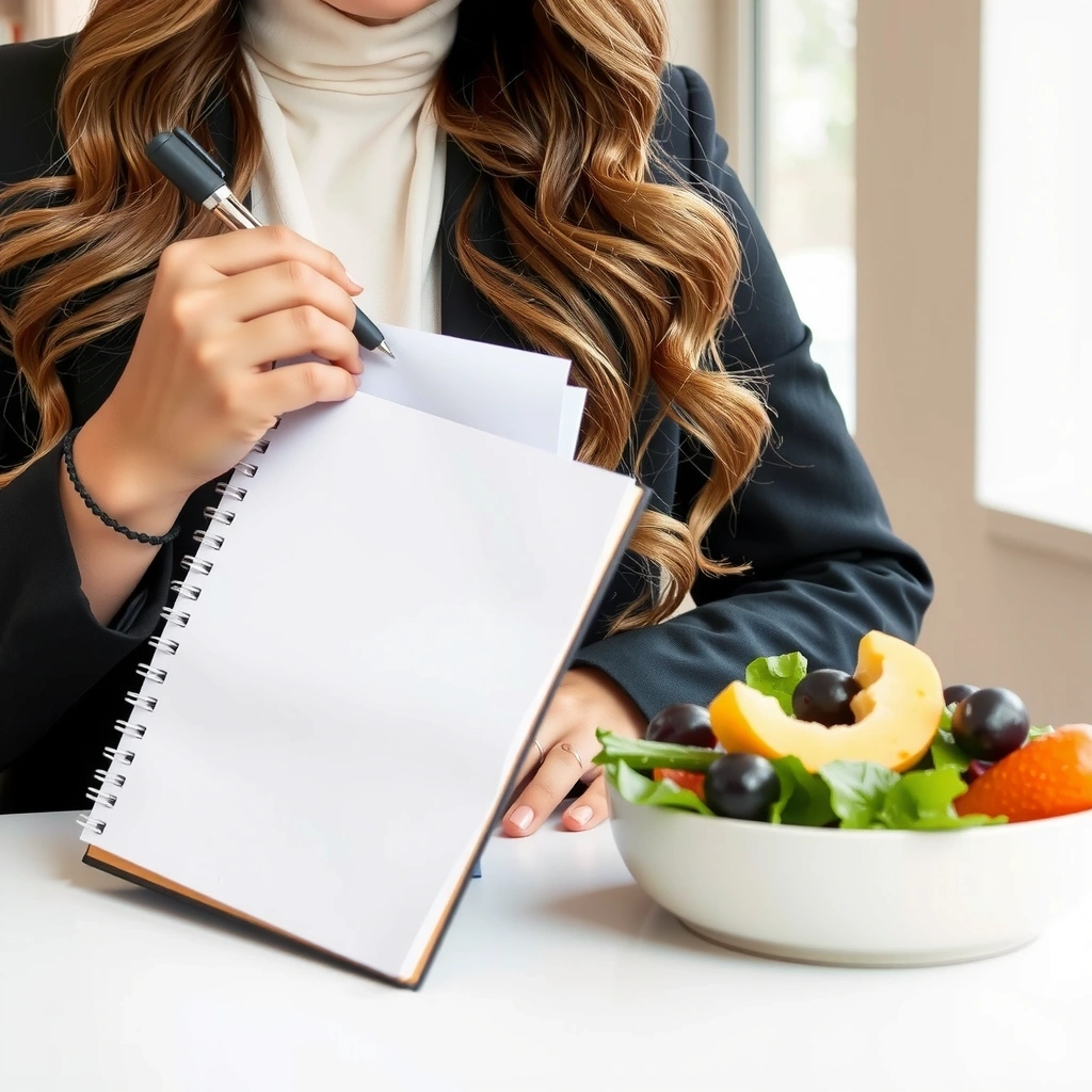 Eine Frau, die konzentriert in ein Notizbuch schreibt und gleichzeitig eine Schüssel mit frischem Salat und Obst vor sich hat, symbolisiert individuelle Ernährungsberatung und Planung.