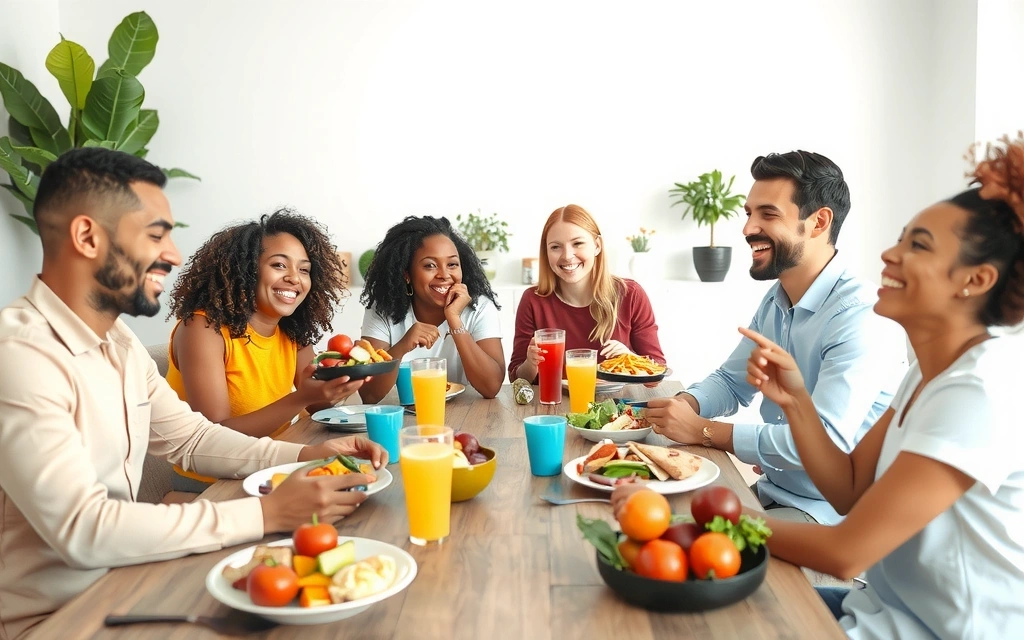 Eine Gruppe von Menschen, die lächelnd an einem Tisch sitzen und gesunde Mahlzeiten genießen, symbolisiert den Erfolg der Ernährungsberatung.